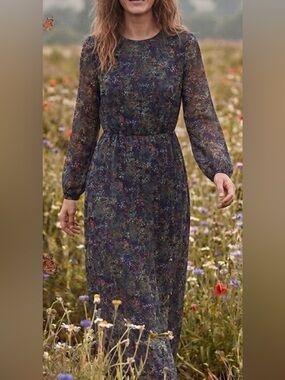 Zara navy blue and green Floral Long-Sleeve Midi Dress SzS